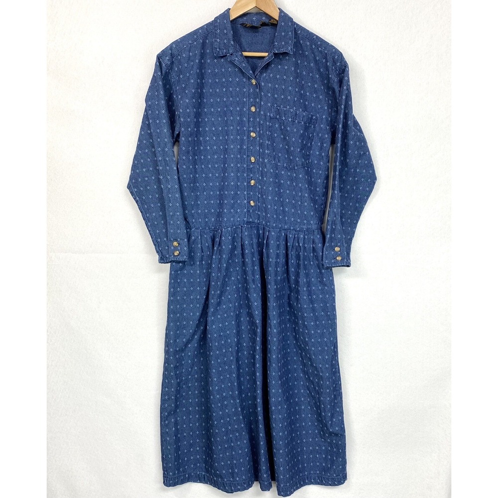Eddie Bauer Women Small Denim Dress Blue Vintage Button Up Pocket Cottagecore